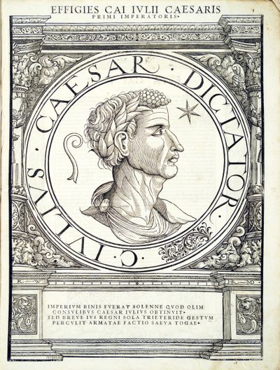 Julius Caesar, Illustration aus Imperatorum romanorum omnium orientalium et occidentalium verissimae imagines ex antiquis numismatis von Hans Rudolf Manuel Deutsch